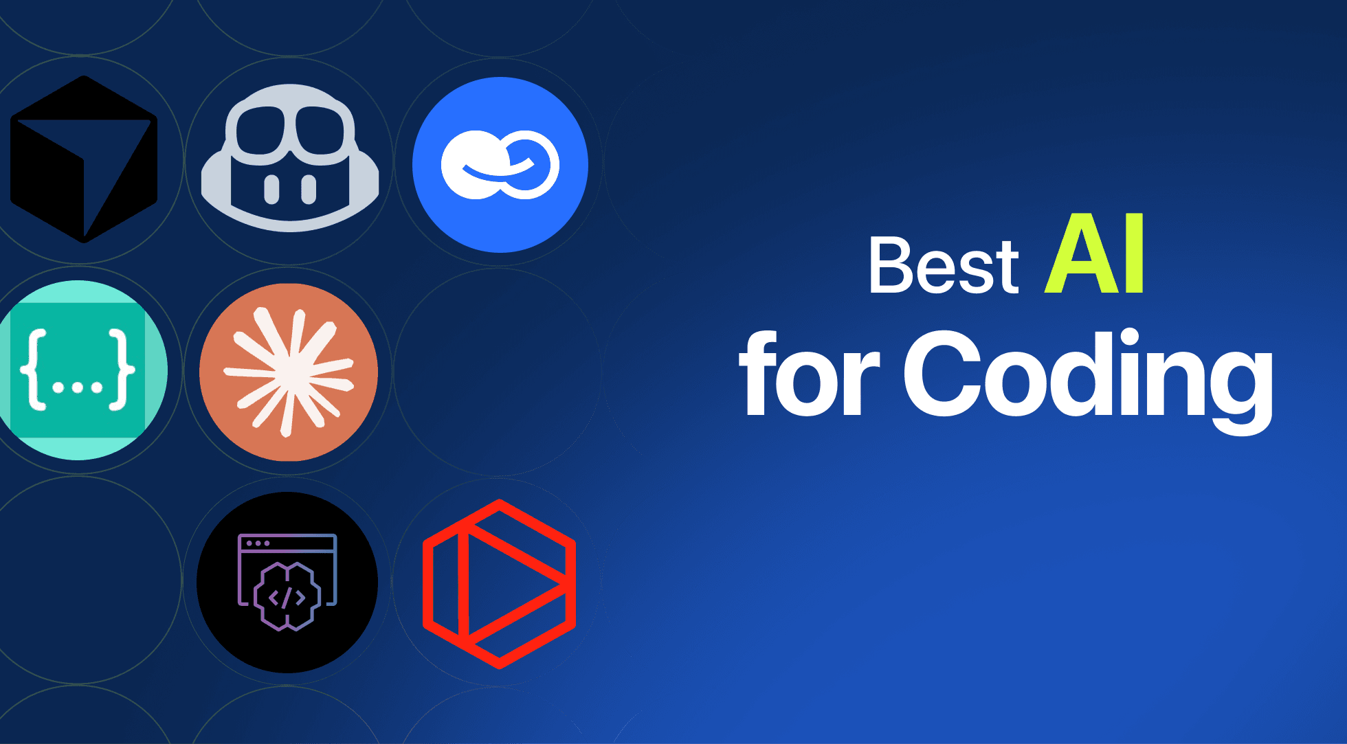 Text 'Best AI for Coding' with various technology company logos on a blue background.
