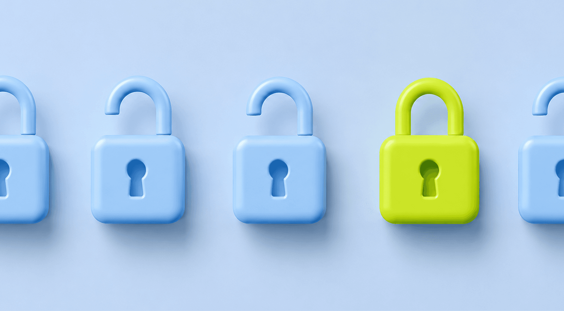 One green locked padlock stands out among several open blue ones on a light blue background.