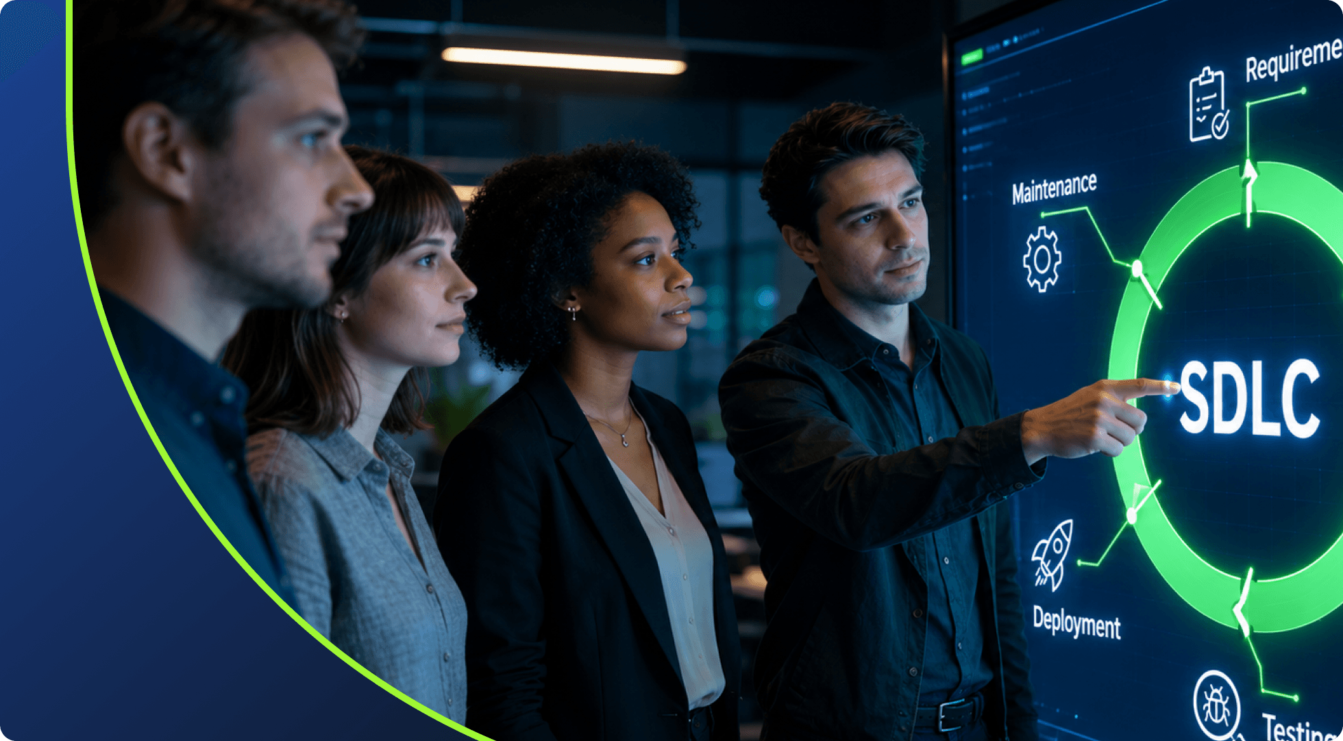 Four professionals analyze a glowing green SDLC diagram on a large digital screen.